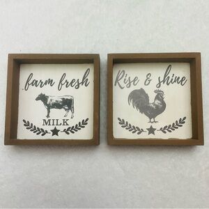 2pc Set Farmhouse 4”x4” Wooden Square Home Kitchen Decor Rooster Cow Graphics